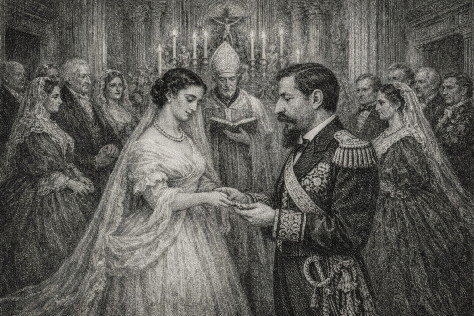 Ilustración de boda aristocrática del siglo XIX en una capilla, representando el enlace entre Francisca de Sales y el duque de Alba en 1844